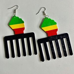 Wood Power Fist Afro Pick Statement Earrings